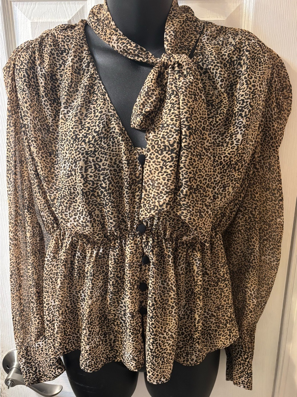 Zara Tan and Black Leopard-Print Tie-Neck Blouse